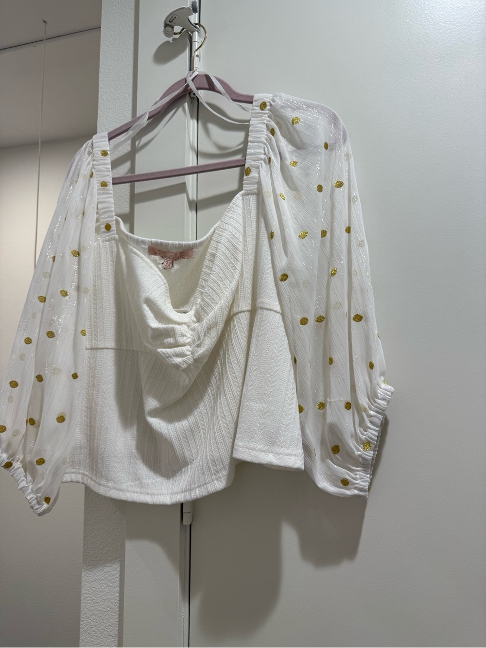 Hutch White Crop Top with Sheer Gold Dot Puff Sleeves